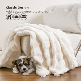 The Southampton Blanket - Faux Fur Basketweave Throw Blanket 50"x60" Lighthouse Cream - Luxuriously Soft Cozy Warm Gift for Women, Plush Silky Fuzzy Weighted Reversible Design Home Decor