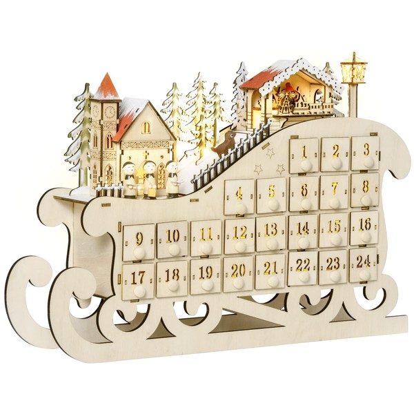 HOMCOM LED Christmas Advent Calendar – 10 Warm White Lights – 24 Drawers – Christmas Decoration – Beige