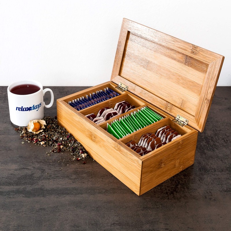 Relaxdays 10018875 Bamboo Tea Box 4 Compartments with Lid High-quality