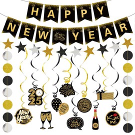 Happy New Year 2025 Eve Party Decorations Kit Golden Firework Theme Happy New Year Banner Swirl Streamers Photo Booth Props for Adults Party Decor (Gold)