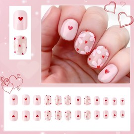 Flower Press on Nails Valentine's Day Short Square Fake Nails Cute Pink Acrylic Nails Red Heart Stick on Nails Glossy Artificial False Nails Reusable Glue on Nails for Women Girls 24Pcs
