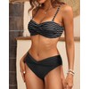 Women's Black Striped Strapless Bandeau Bikini Set - Twist Front