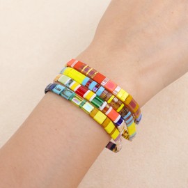 Tyebiva Tila Flat Beaded Bracelets Set for Women, 4Pcs Trendy Miyuki Glass Yellow Colorful Stack Beads Stretch Bracelet Outfit Accessories Jewelry Gift.