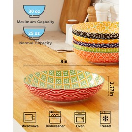 Metahom Pasta Bowls Set of 6, 8 Inch Ceramic Salad Bowls, 30 Oz Wide and Shallow Bowl for Kitchen, Serving Dish Plate for Pasta, Salad, Soup, Vibrant Color