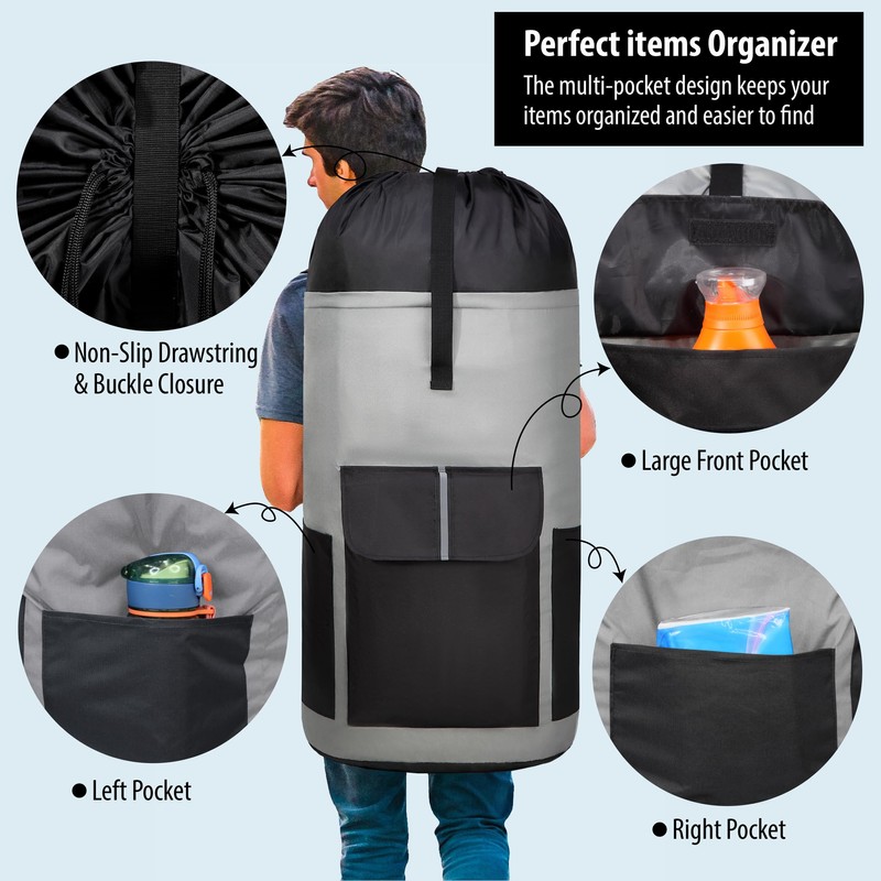 BeeGreen Grey-Black-Laundry-Bag-Backpack-Extra-Large-Heavy-Duty, 125L Portable Travel Laundry Backpack with Shoulder Straps