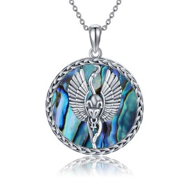 JERWLI Bastet Necklace 925 Sterling Silver Vintage Egyptian Mythological Cat Goddess with Wings Pendant Necklace Abalone Shell Amulet Ancient Egyptian Jewellery Gift for Women Men, Sterling Silver