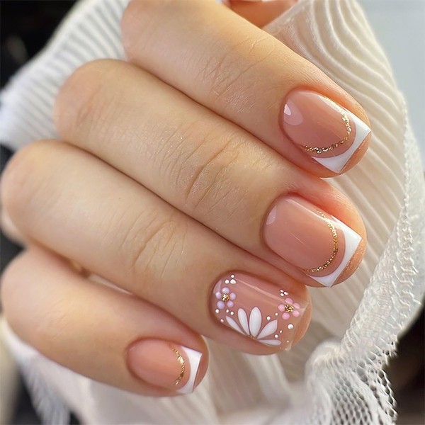 White French Tip Press on Nails Spring Flower False Nails