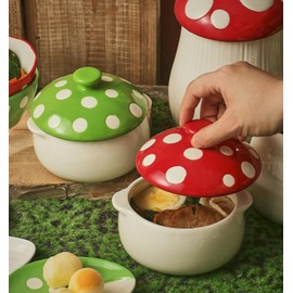 AKVAELFO Cute Ceramic Mushroom Bowl with Lid, 12oz Funny Soup Bowl for Salad,Pasta, Cereal, Fruit, Dessert, Novelty Handpainted Double Eared Bowl for Kitchen, Microwave/Dishwasher Safe (Red)