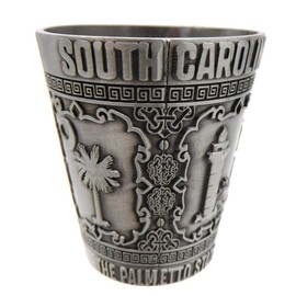 Westmon Works South Carolina Souvenir Shot Glass Pewter Metal with Engraved Landmarks of the Palmetto State