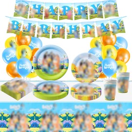Party Tableware Birthday Decoration, Pack of 70 Blue Birthday Decoration Party Tableware Children's Birthday Set, Banner Plates Cups Napkins Balloons Tablecloth Birthday for 10 People