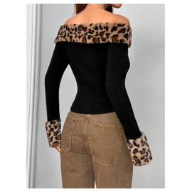 Floerns Women's Leopard Print Plush Off Shoulder Crop Sweater Long Sleeve Y2K Pullover Top Black Small