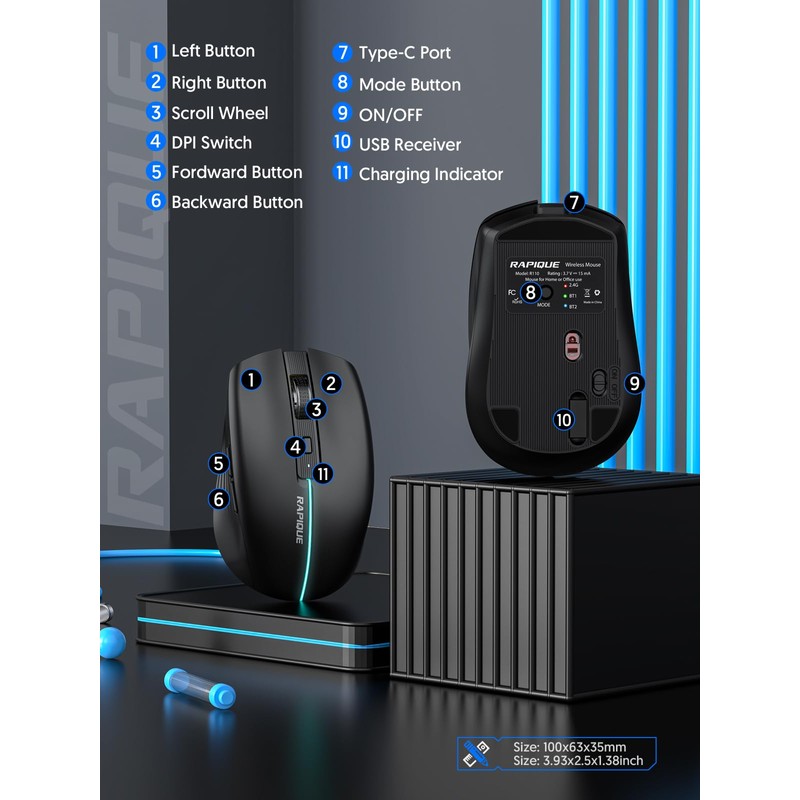 RAPIQUE Bluetooth Wireless Mouse - (BT1/BT2+USB) Tri-Mode High Performance, Rechargeable,