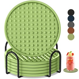 KEHOUXRE Coasters for Drinks 6 Pack Drink Coaster with Holder,Heat Resistant Silicone Cup Mat Tabletop Protection,Non-Slip Rubber Coasters for Kinds of Cups (Green)