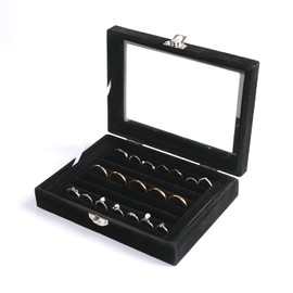 Frebeauty Rings/Earring Organizer Tray with Clear Lid,7 Slots Ring Box Velvet Ring Holder Drawer Insert Jewelry Storage Box Jewelry Display Case Jewelry Box Gift for Women and Girls(Black,7 Slots)
