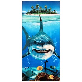 Beachland Toalla de playa Big Shark de 30 x 60 pulgadas, 100% algodón, gran ataque de tiburón blanco (1 toalla de 30 x 60 pulgadas, tiburón grande)