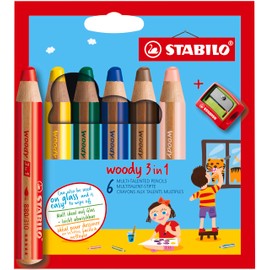 Multi-Talented Pencil - STABILO woody 3 in 1 - Pack of 6 - Assorted Colours with Sharpener