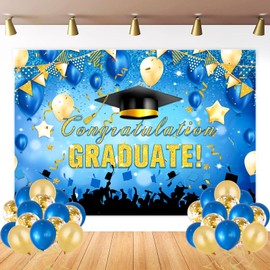 Large Grad Congratulations Banner Graduation Decorations Class of 2024, 72x44 Inch Blue and Gold Graduation Backdrop 2024 Graduation Party Decorations