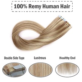 20 Inch Tape in Hair Extensions Remy Human Hair Highlight 100g 40pcs #18/613 Ash Blonde Mix Bleach Blonde Balayage Straight Hair Seamless Skin Weft Glue in Human Hairpieces with Double Sided Tape