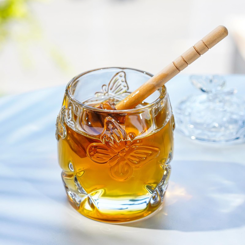kanpura Clear Crystal Honey Jar with Dipper and Lid, Honey