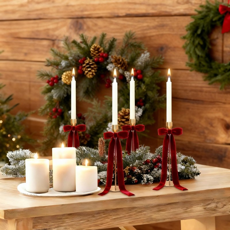 Meseey 12 Pcs Red Candlestick Decoration Bows Candle Holder with
