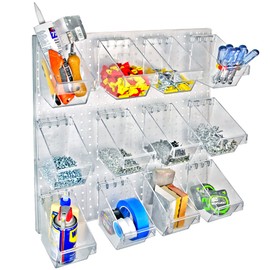 Azar Displays 700685 12 Bucket Peg Wall Accessory Organizer Set 24"W x 24"H Pegboard Panel, Clear