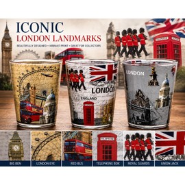JRose Collections London Shot Glass Set of 3 with Gift Box, Printed Glass Souvenir Set Featuring Big Ben London Eye Union Jack Red Bus British England Collectible Mini Drinking Glasses 1032