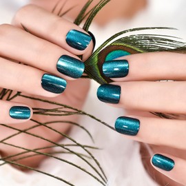 iMABC Press on Nails - Mint Black Blue Fake Nail | Short Square Glossy Shiny Glitter Solid False Nails | Glue Acrylic Decoration Manicure Gift for Girls Women Dating 24Pcs