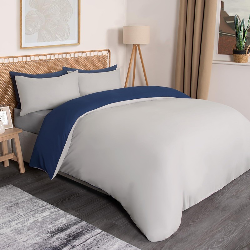 Brentfords Bedding Double Bed Set, Reversible Navy/Grey Luxury Hotel Quality