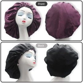 Gorro de dormir de satén, gorra de satén ajustable, gorro de seda, gorro de baño reutilizable para dormir de noche, reversible, doble capa, paquete de 2 (rosa + pavo real)