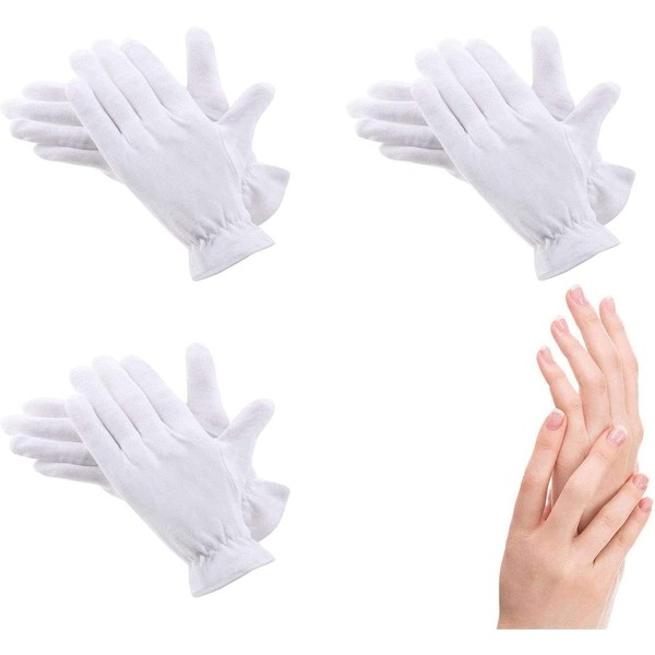6 Stück (3 Paar) weiße Baumwollhandschuhe für trockene Hände, feuchtigkeitsspendend,