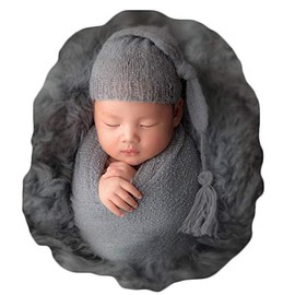 Coberllus Newborn Baby Photo Props Outfits Crochet Mohair Sleepy Hat Bonnet & Stretch Wrap Blanket Set for Boys Girls Photography Shoot