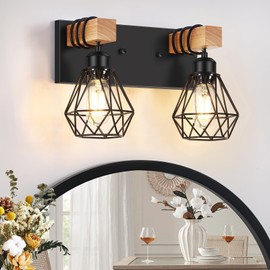 FadimiKoo 2-Light Rustic Style Wood Bathroom Wall Sconce, Farmhouse Vanity Lighting Fixture fopr Bathroom, Industrial Wood Wall Light Over Mirror with Metal Shade, Bulbs Not Included