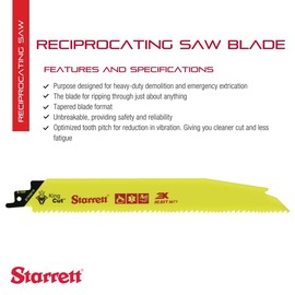 Starrett Bi-Metal King Cut Fire Rescue and Demolition Reciprocating Saw Blade - 9" Length, 1" Width, 0.63" Thickness, Tapered Blade, 6-10 TPI - 5-Pack - BTR9610-5