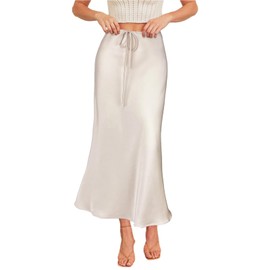 VividHarbor Women's Drawstring Satin Maxi Skirt High Waist Silk A Line Flowy Long Skirts Beige