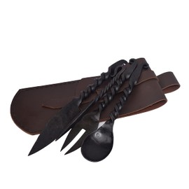 Viking Traders Hand-Forged Medieval Twisted Dining Hall Eating/Feasting Utensils set of 4 Piece Functional Fork Knife Spoon and Food Stick Medieval Eating Set, with genuine leather pouch for carrying.