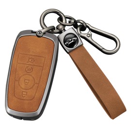 HIBEYO 4 Button Key Fob Cover Compatible with Ford Fusion Edge Mustang Explorer F150 F250 F350 F450 Leather& Zinc Alloy Accessories Compatible with Ford Key Case-Long Keychain Brown