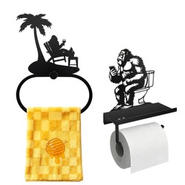 Zckjnoi Matte Black Iron Bigfoot Toilet Paper Holder with Phone Shelf and Towel Ring 2 Pcs Set, Coordinated Sasquatch Hardware for Cabin Lodge; Funny Big Foot Gifts for Men Women