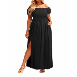 Black Off Shoulder Summer Dress for Women Plus Size Wedding Guest Cocktail Maxi Casual Split Sundress with Pockets