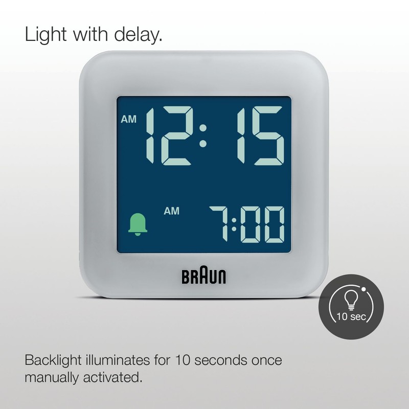 Braun Digital Travel Alarm Clock with Snooze, Compact Size, Negative