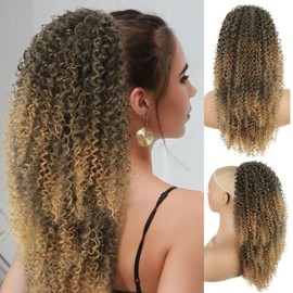 FBKDFCZS 26 Inch Drawstring Ponytail Kinky Curly Heat Resistant Synthetic Instant Clip Ponytail Extension Protective Style Afro Kinky Curly Hair Pieces for Women (Brown Mix Blonde#