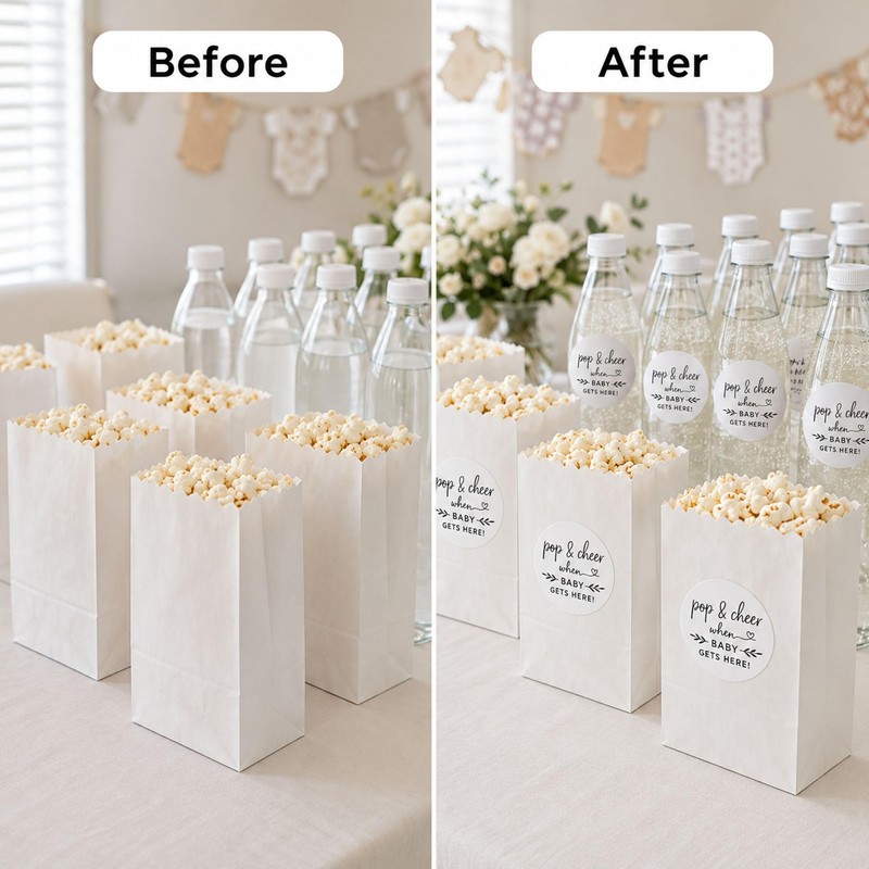 Baby Shower Popcorn Favor Stickers: 120 Round Pop and Cheer