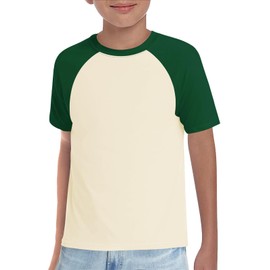 Haloumoning Boys Short Sleeve Raglan T Shirts Kids Basic Color-Block Tops Crewneck Tees 5-14 Years Dark Green