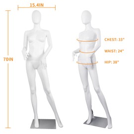 Female Mannequin White Dress Form Full Body Manikin Body 70 Inches Adjustable Maniquins Dress Model Plastic Detachable Manequins Stand Metal Base Metal Connector