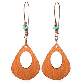 GPASTG Handmade Bohemian Vintage Alloy Geometry Flower Teardrop Leaf Dangle Drop Leverback Earrings For Women (Orange Wood Teardrop 1)