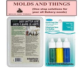 MOLDS AND THINGS Shea Butter Suspension Soap Base, 2 lb & Yellow, Green, Blue Liquid Soap Colors