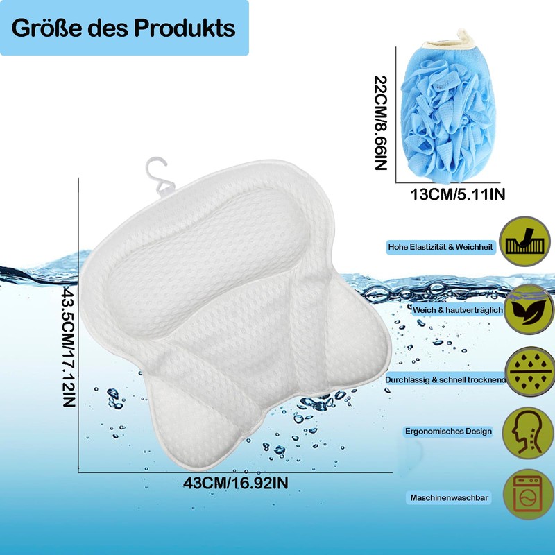 Bath Pillow, 4D Breathable Bath Pillow with 1 Shower Sponge,
