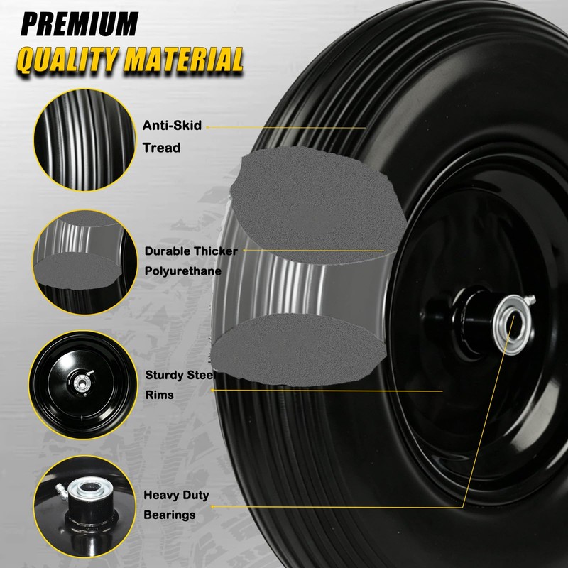 4.80/4.00-8 Tire and Wheel, 16” Wheelbarrow Tires Flat Free, with