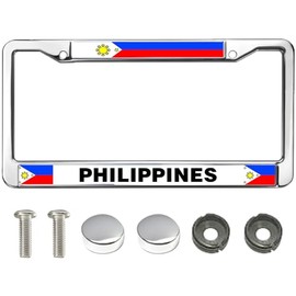 Philippines Flag Metal License Plate Frame,Philippines Love Rattle-Proof License Plate Frame with Screws Washers Caps