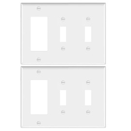Combination Double Toggle Rocker Light Switch/Single Decorator Outlet Wall Plate,Smooth Face, White,3-Gang Standard Size 4.50" x 6.38",Unbreakable Polycarbonate Thermoplastic,UL Listed,2-Pack