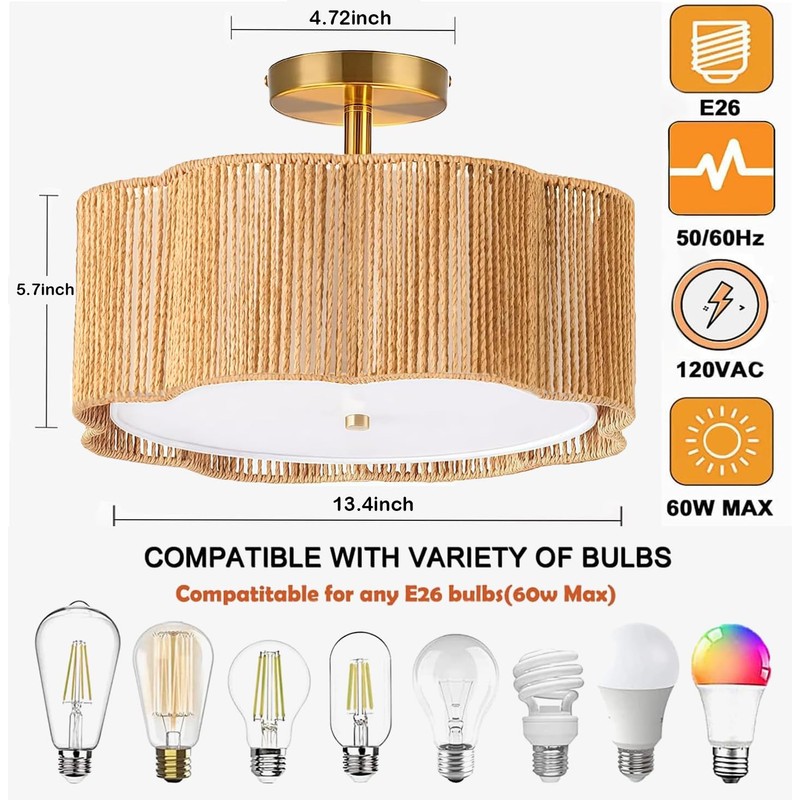 Jolydoly 13.4" Rattan Flush Mount Ceiling Light Fixtures,3-Light Boho Light